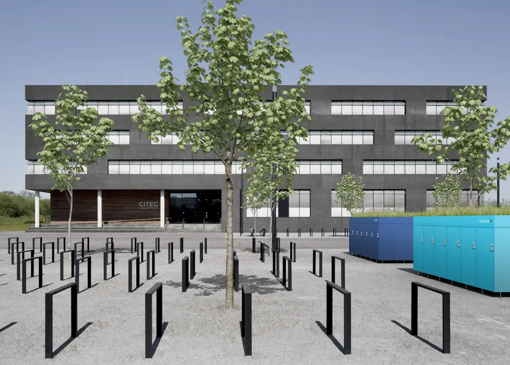 VELODEPO Fahrradgarage mit 4 Doppelgaragen und 6 Einzelgearagen auf einem Firmenparkplatz, Visualisierung