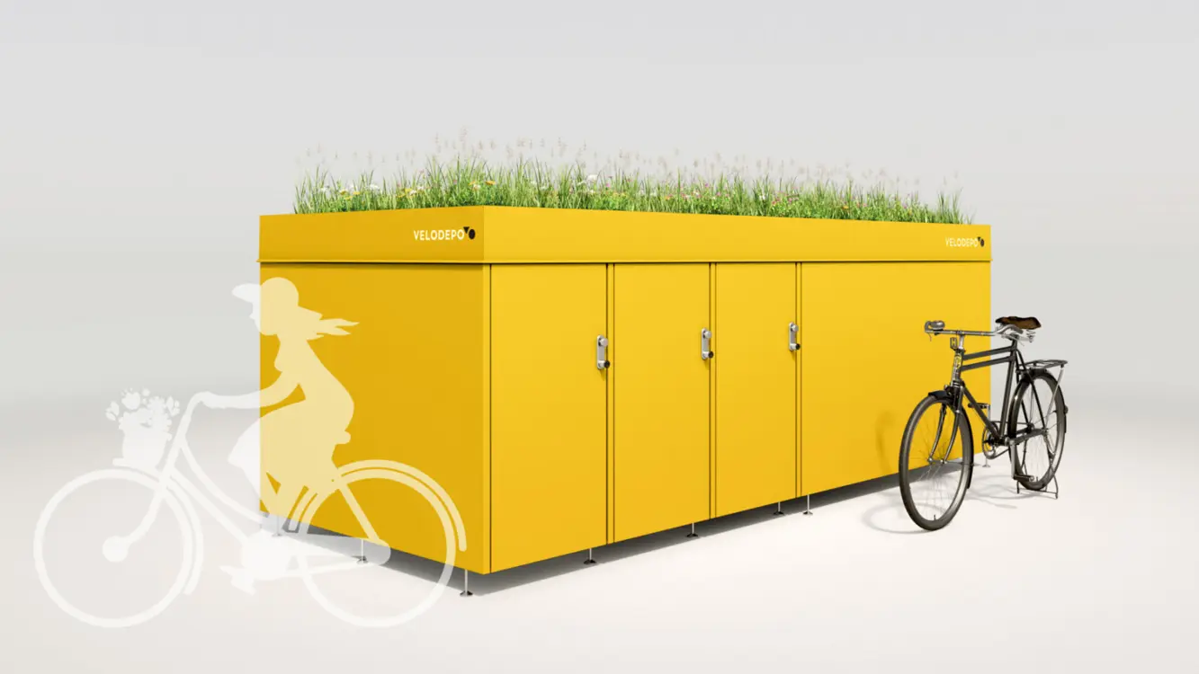 VELODEPO mit 3 Einzelgaragen und 2 Lastengaragen und Biodiversitätsdach in gelb, Visualisierung