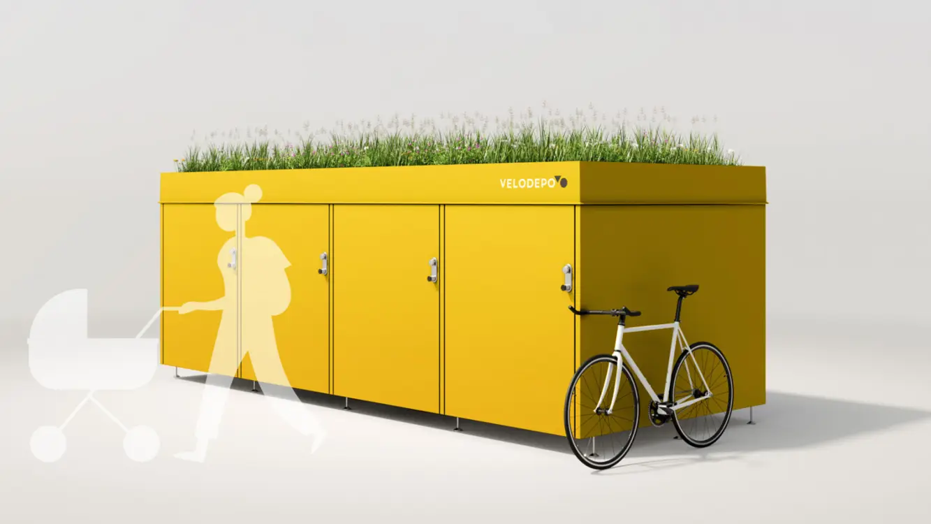 VELODEPO mit 4 Doppelgaragen und Biodiversitätsdach in gelb, Visualisierung mit Fahrrad