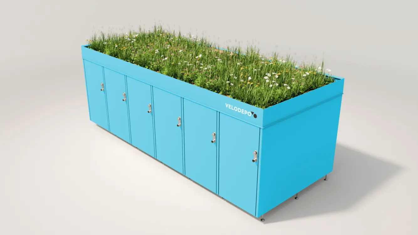VELODEPO mit 6 Einzelgaragen und Biodiversitätsdach in blau, Visualisierung