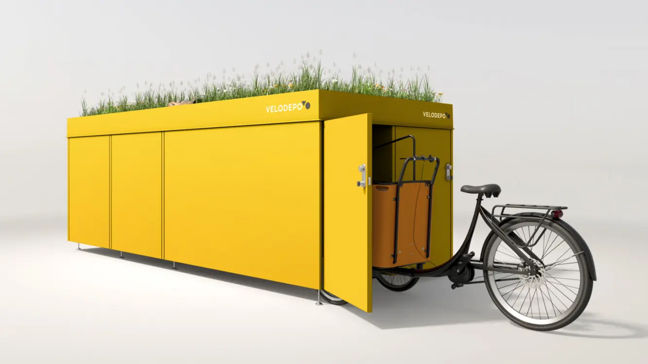 VELODEPO mit 2 Doppelgaragen und 2 Lastengaragen Biodiversitätsdach in gelb, Visualisierung mit Lastenrad